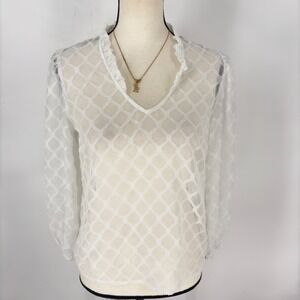 Banana Republic White Sheer Textured Blouse Ruffle V‎ Neck Long Sleeve XS